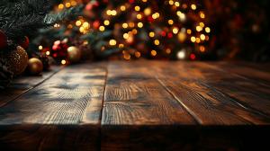 This image features a wooden table with a blurred Christmas tree background, perfect for holiday presentations.