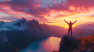 This image features a person celebrating at sunset over a serene mountain landscape, symbolizing joy and achievement.