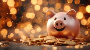This image shows a cheerful piggy bank surrounded by gold coins, symbolizing the concept of saving money.