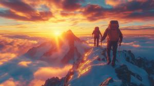 This image depicts climbers at a mountain summit, symbolizing achievement and the pursuit of goals.