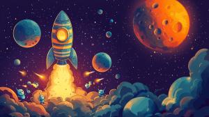 This cartoon background depicts a rocket blasting off into space with playful aliens and colorful planets.