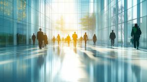 This image depicts professionals walking in a modern business corridor, illuminated by sunlight.

