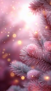 A dreamy pink Christmas background with frosted pine branches and golden bokeh lights.