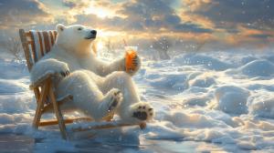 A playful polar bear enjoying a drink while lounging in snow, embodying a whimsical vacation scene.

