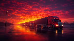 A fleet of red trucks against a vibrant sunset, symbolizing trucking and logistics.

