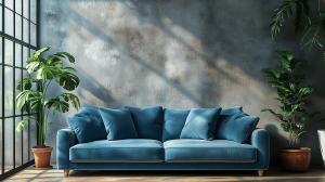 A modern living room featuring a blue sofa and green plants against a textured wall.

