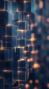This digital geometric background features glowing translucent cubes on a deep blue backdrop.

