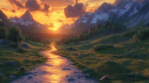 This image features a winding river through a mountain landscape at sunset, radiating tranquility and natural beauty.

