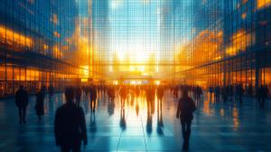 This image depicts a vibrant urban scene at sunset, symbolizing business activity and dynamism.

