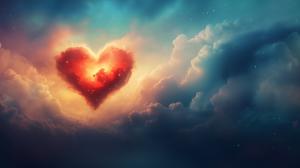 This image depicts a heart-shaped nebula in a dreamy sky, symbolizing love and connection.

