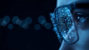 This image shows a close-up of an eye with glasses reflecting digital data, symbolizing technology and innovation.