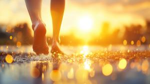 A serene sunset scene of bare feet walking along a beach, reflecting golden light and evoking tranquility.

