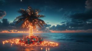 A tropical Christmas scene with a lit palm tree and colorful presents against a sunset backdrop.