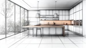 This image depicts a modern kitchen design with minimalist features and natural light.

