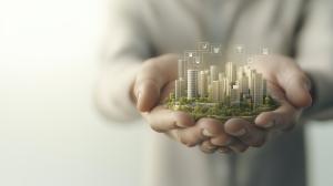 This image depicts hands cradling a miniature city, symbolizing care and responsibility for urban environments.

