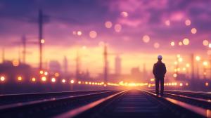 This image depicts a figure standing on railway tracks against a vibrant industrial sunset backdrop.