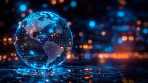 This digital globe background symbolizes global connectivity and technology, ideal for presentations on innovation.