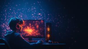 This image features a young gamer focused on a vibrant computer screen, embodying modern gaming culture.