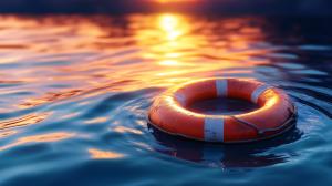 This image shows a life preserver floating on water at sunset, symbolizing rescue and safety.

