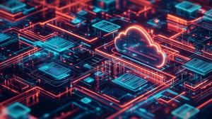 This image depicts vibrant digital circuits with a cloud icon, symbolizing cloud computing and technology.

