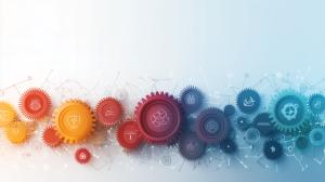 This image features colorful gears with business icons, symbolizing innovation and collaboration in a modern setting.