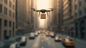 This image shows a drone delivering a package in a busy urban environment.

