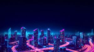 This vibrant neon cityscape background captures a futuristic urban environment at night.

