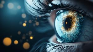 A close-up of a human eye, showcasing vibrant colors and intricate details against a dark background.