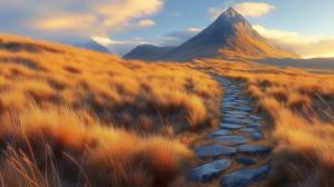 This image depicts a winding stone path through golden grass leading to a majestic mountain, symbolizing exploration.

