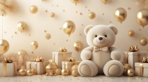 This image features a teddy bear surrounded by golden balloons and gifts, perfect for birthday celebrations.

