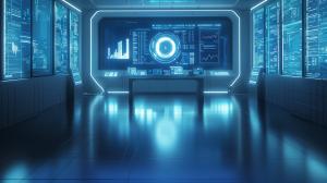 This image features a sleek, futuristic laboratory filled with digital screens and advanced technology.

