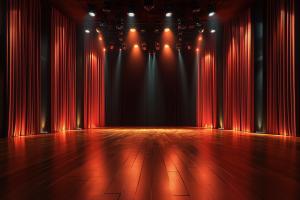 This image features a theatrical stage with red curtains and warm lighting, perfect for performing arts presentations.


