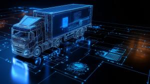 This image features a digital wireframe truck, symbolizing advanced logistics planning in the trucking industry.

