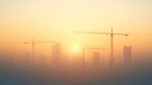 This image showcases cranes silhouetted against a misty urban skyline at sunrise, symbolizing construction and progress.

