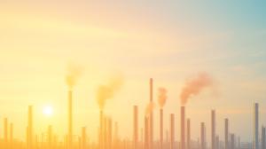This image shows an industrial landscape with smokestacks against a colorful sunset sky.

