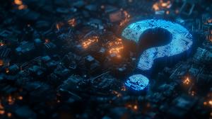 This image features a glowing question mark in a digital landscape, symbolizing technological inquiry and exploration.

