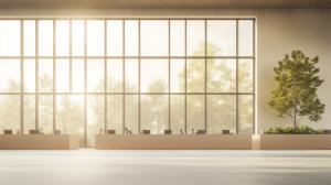 This image depicts a modern office with large windows, natural light, and greenery, emphasizing contemporary workplace design.

