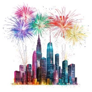 Download this colorful image featuring a fireworks display over a city skyline, symbolizing celebration and New Year&#039;s festivities.
