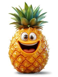 Happy cartoon pineapple with a big smile, perfect for tropical themes and parties.
