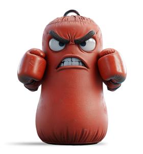 This cartoonish red punching bag symbolizes taking out frustrations with an angry expression.