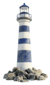 A blue and white striped lighthouse standing on rocky terrain, symbolizing guidance and finding one&#039;s way.