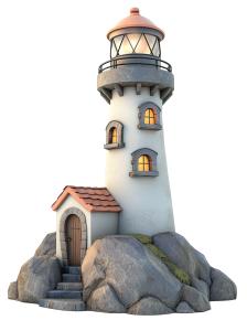 This cartoon lighthouse symbolizes hope and guidance, featuring a warm glow and charming design.