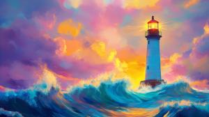 This vibrant lighthouse image symbolizes hope and guidance amidst turbulent waves.