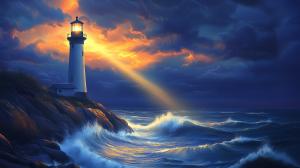 A lighthouse shines brightly against a dramatic sunset, symbolizing hope and guidance amidst turbulent seas.
