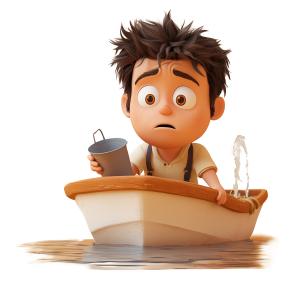 This image features a worried boy in a sinking boat, symbolizing being in a difficult situation.
