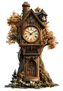 A whimsical grandfather clock resembling a treehouse, symbolizing fantasy and imagination.
