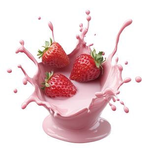 This image features fresh strawberries splashing into creamy strawberry milk, evoking a refreshing treat.