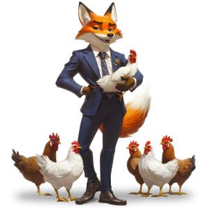 This image features a sly fox in a suit surrounded by chickens, representing the idiom &quot;fox in the hen house.&quot;