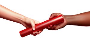 This image symbolizes the act of passing the baton, representing transition, teamwork, and mentorship.