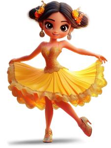 A vibrant Latin dancer in a sparkling yellow dress, embodying joy and celebration.